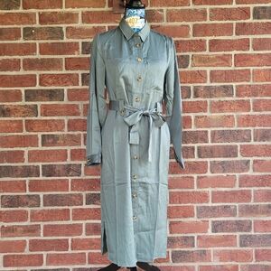 Elle Gray Womens Size Medium Olive Green Button Down Dress with Belt